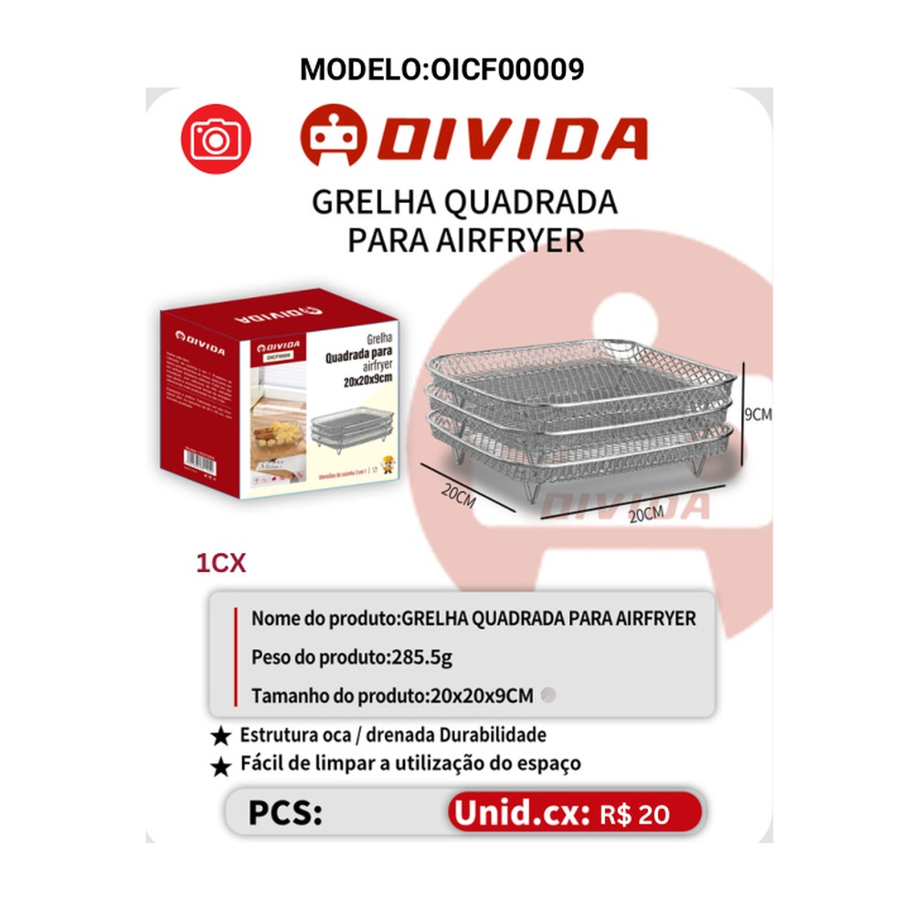 GRELHA QUADRADA PARA AIRFRYER 20x20x5CM OICF00009