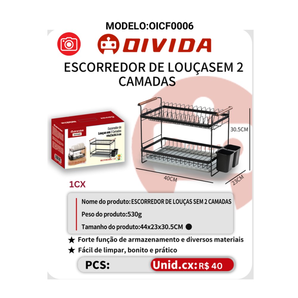ESCORREDOR DE LOUÇAS EM 2 CAMADAS 44x23x30.5CM OICF0006