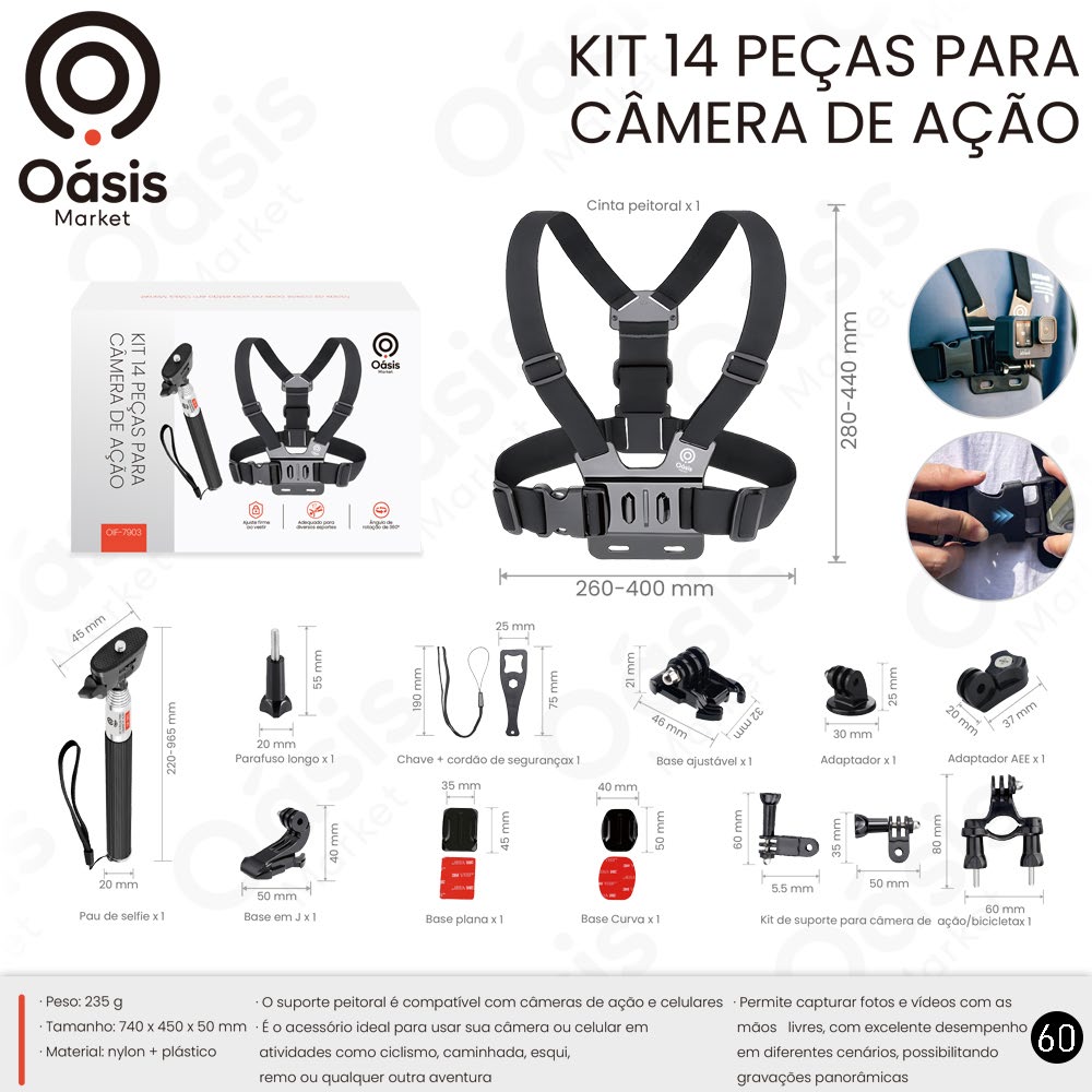 Kit 14 Peças para Câmera de Ação 740mm OIF-7903