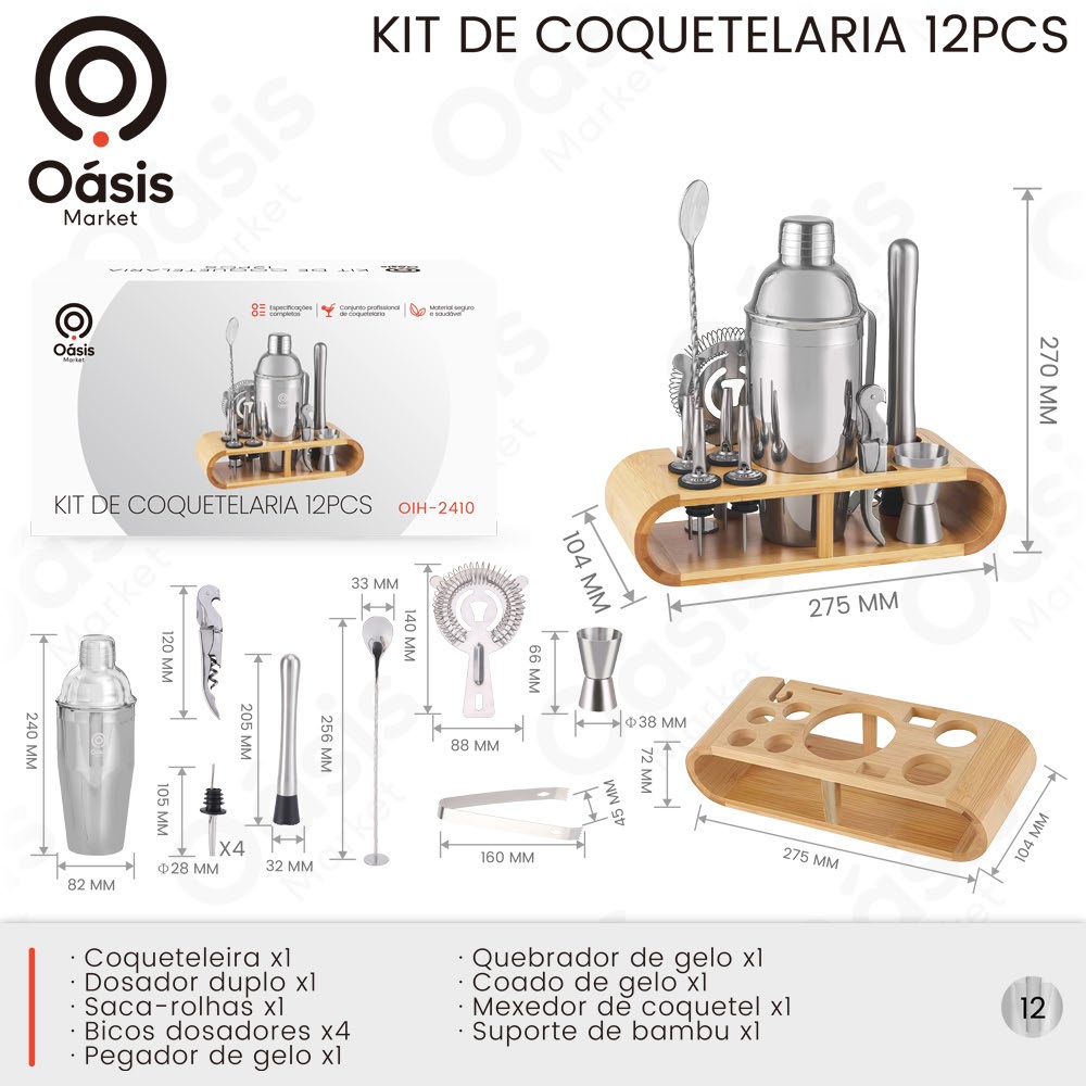 Kit de Coquetelaria 12pcs Bambu OIH-2410