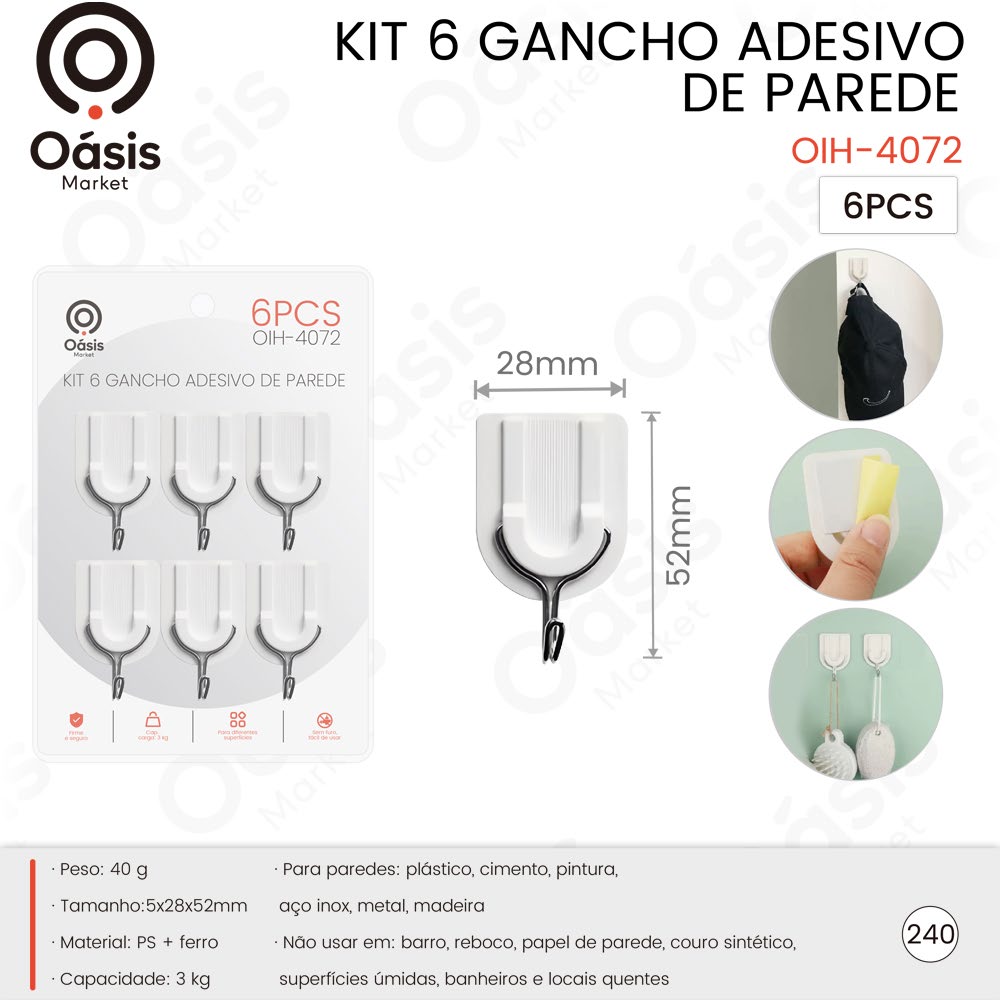 Kit 6 Gancho Adesivo 52mm OIH-4072