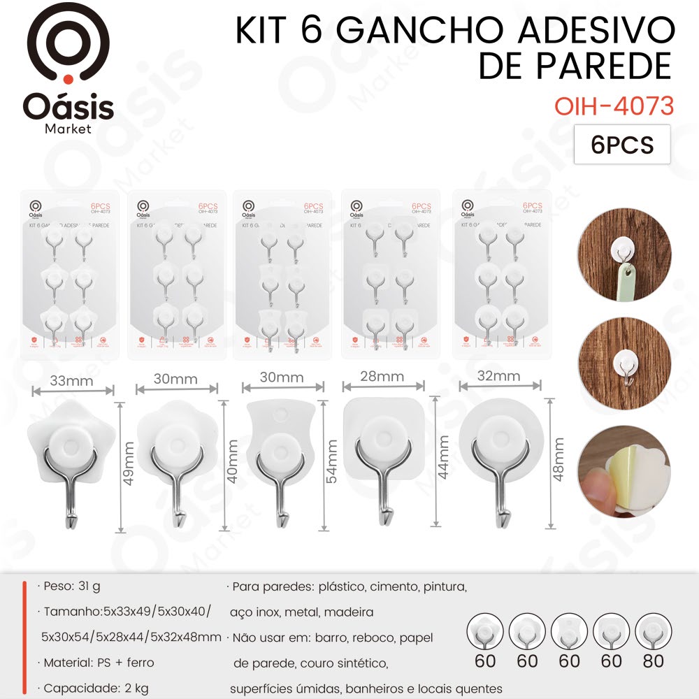 Kit 6 Gancho Adesivo 48mm OIH-4073