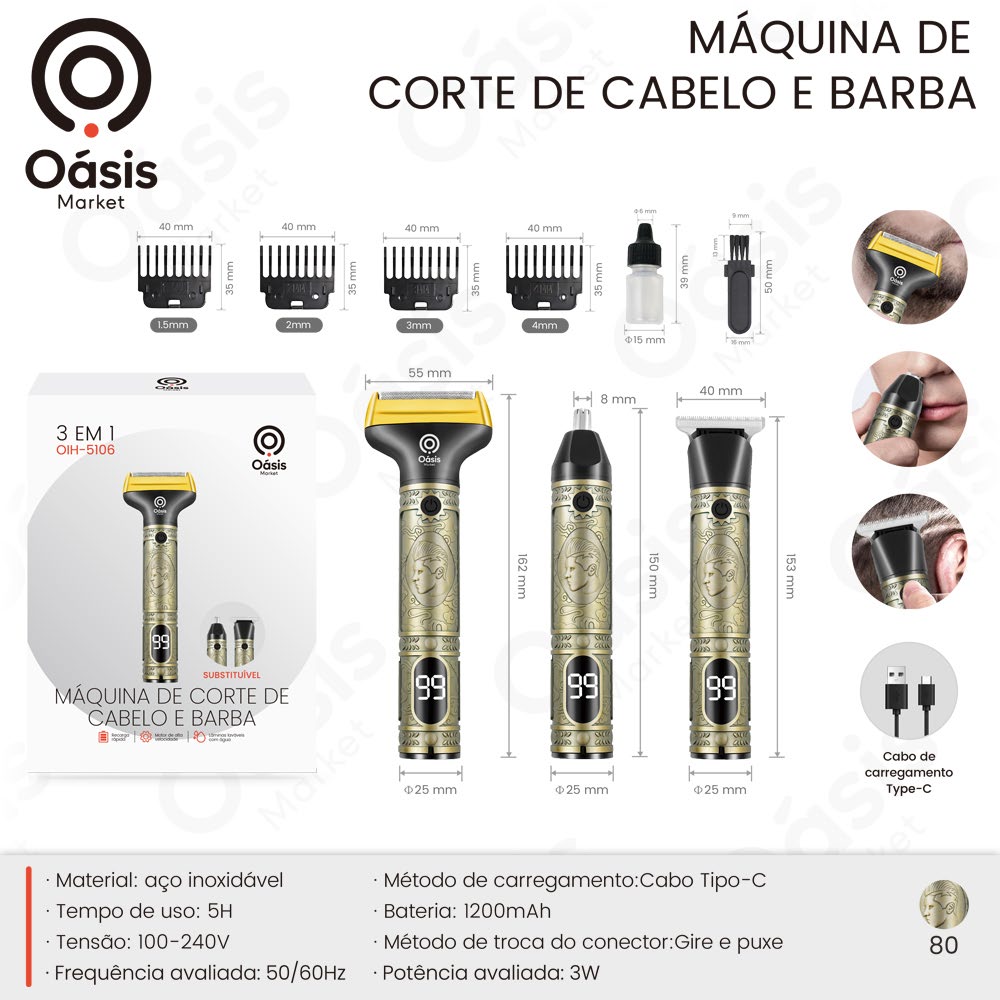 Máquina de Corte de Cabelo e Barba Inox OIH-5106