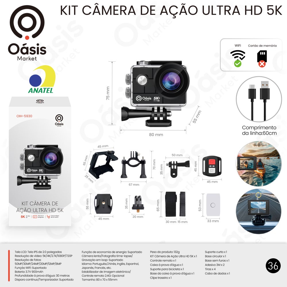 Kit Câmera de Ação Ultra Hd 5k 80mm OIH-5930