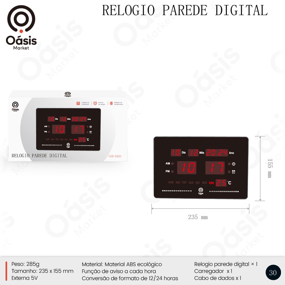 Relogio Parede Digital 235mm OIH-6203