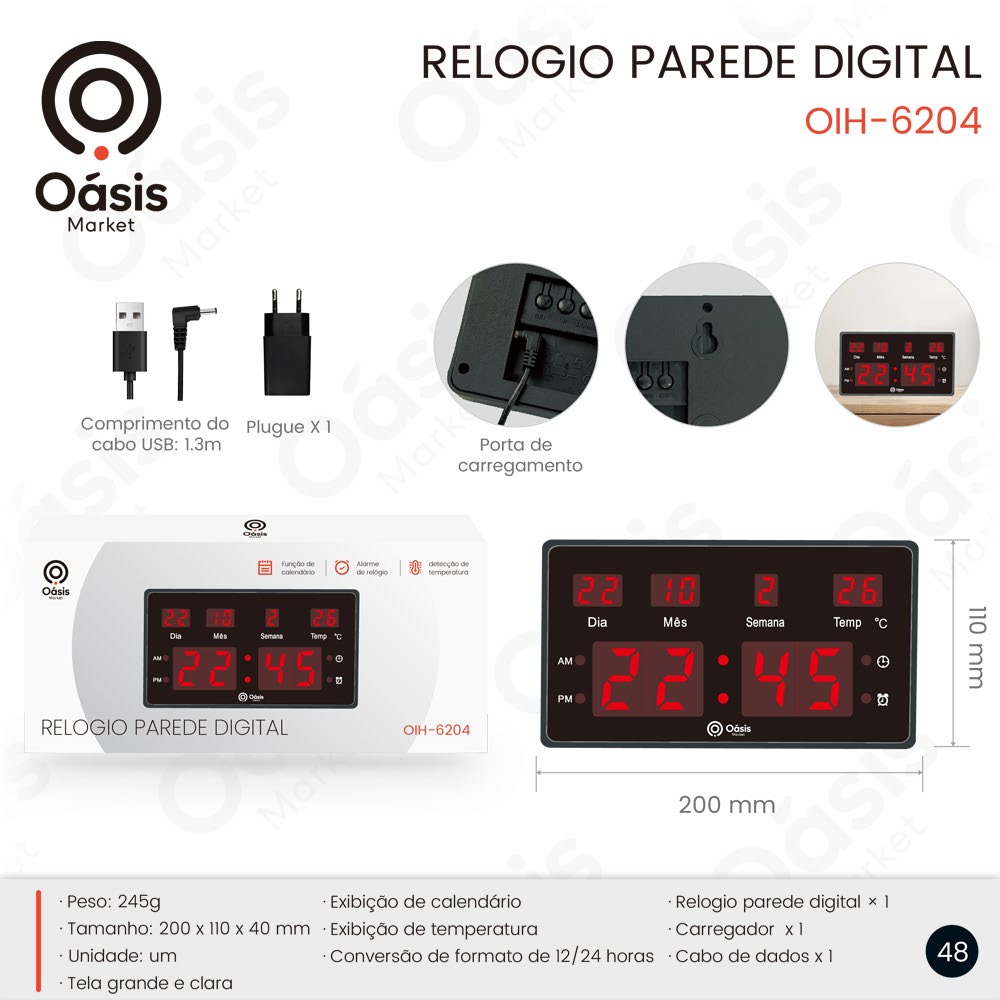 Relogio Parede Digital 200mm OIH-6204