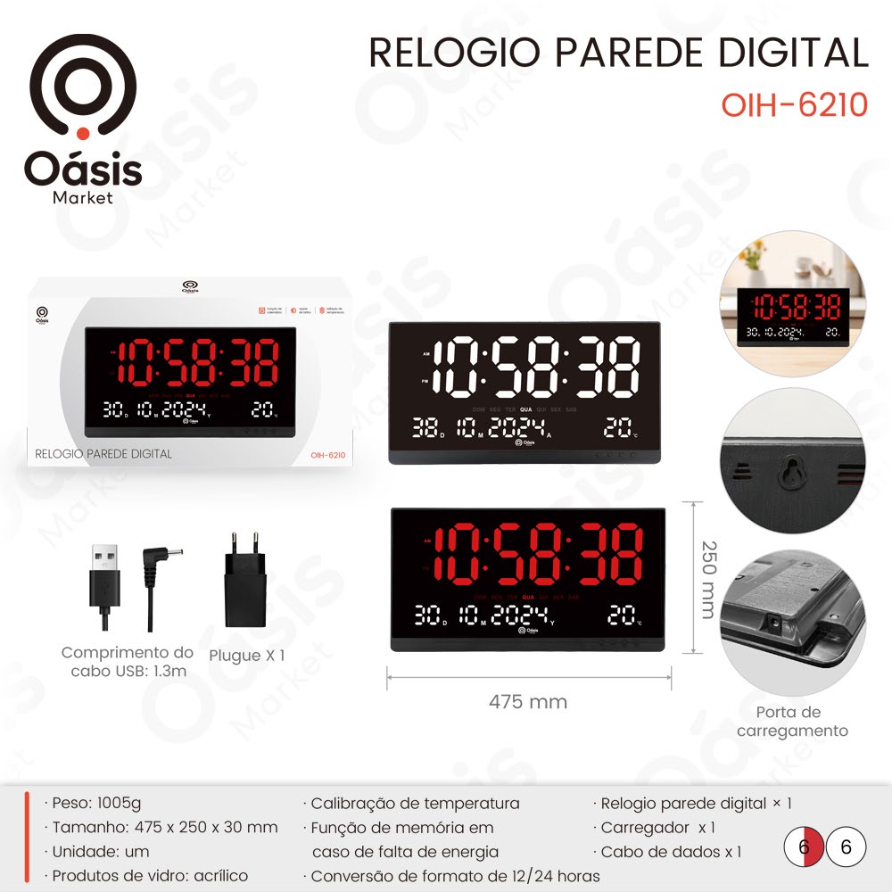 Relogio Parede Digital 475mm OIH-6210