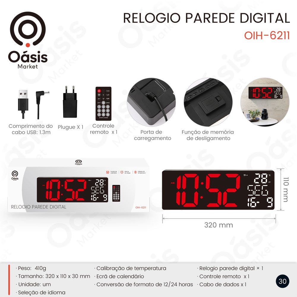 Relogio Parede Digital 320mm OIH-6211