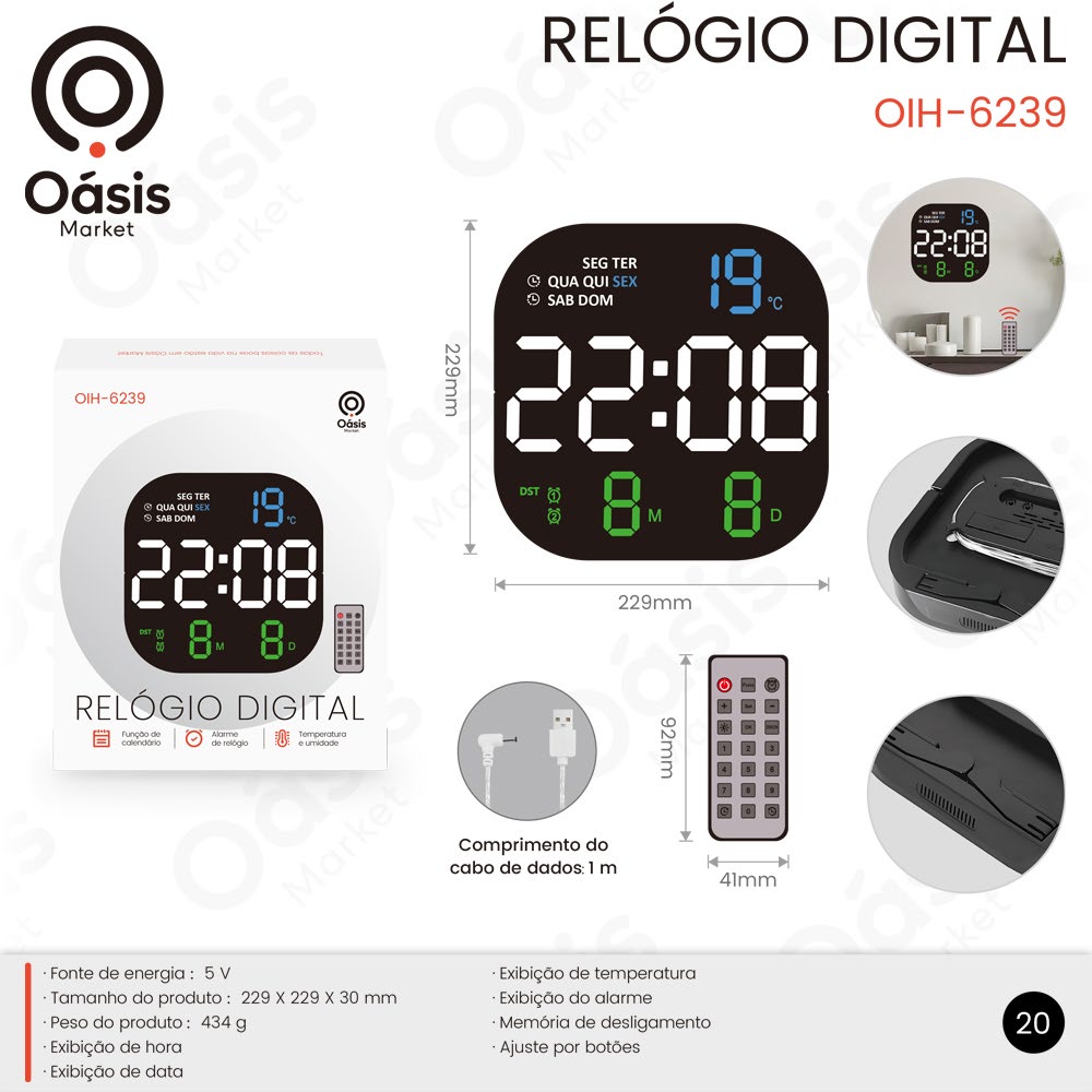 Relógio Digital 229mm OIH-6239