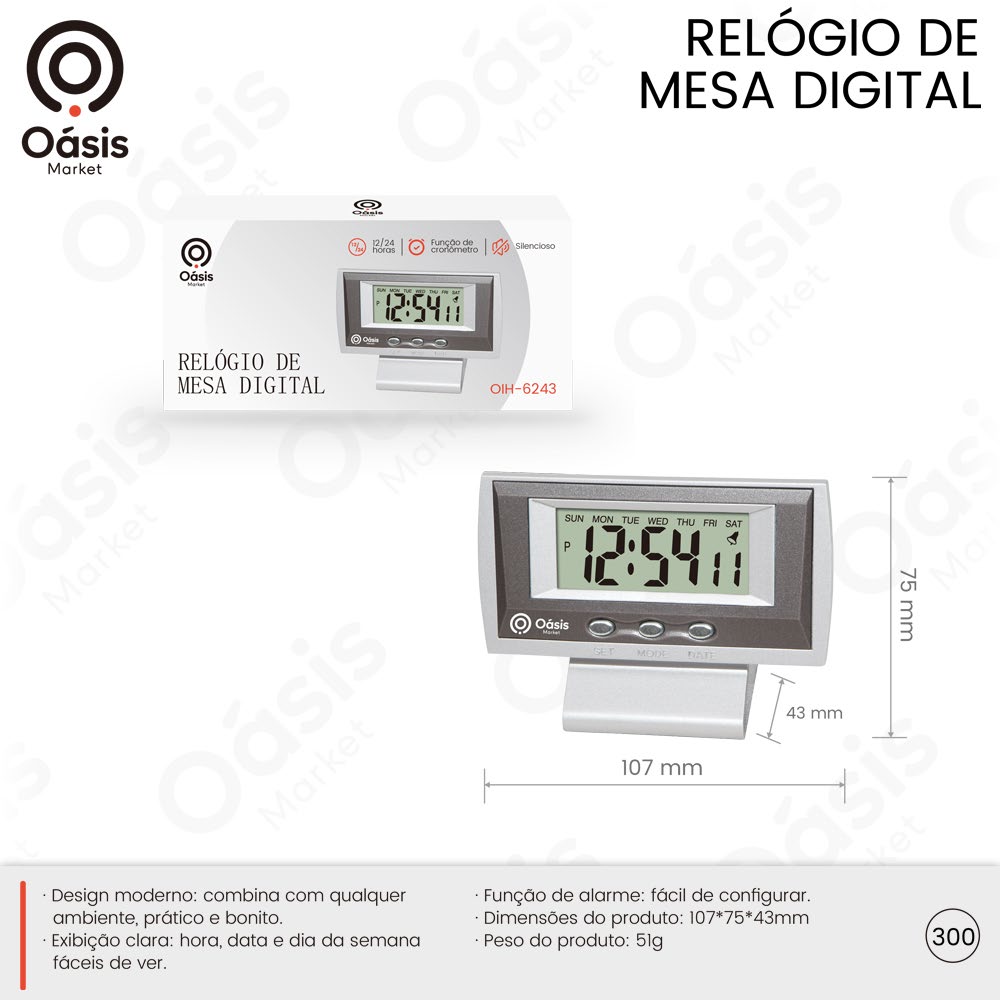 Relógio de Mesa Digital 107mm OIH-6243