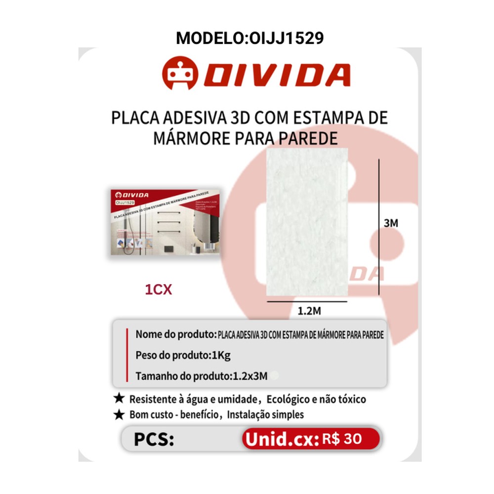 PLACA ADESIVA 3D MÁRMORE PARA PAREDE OIJJ1529