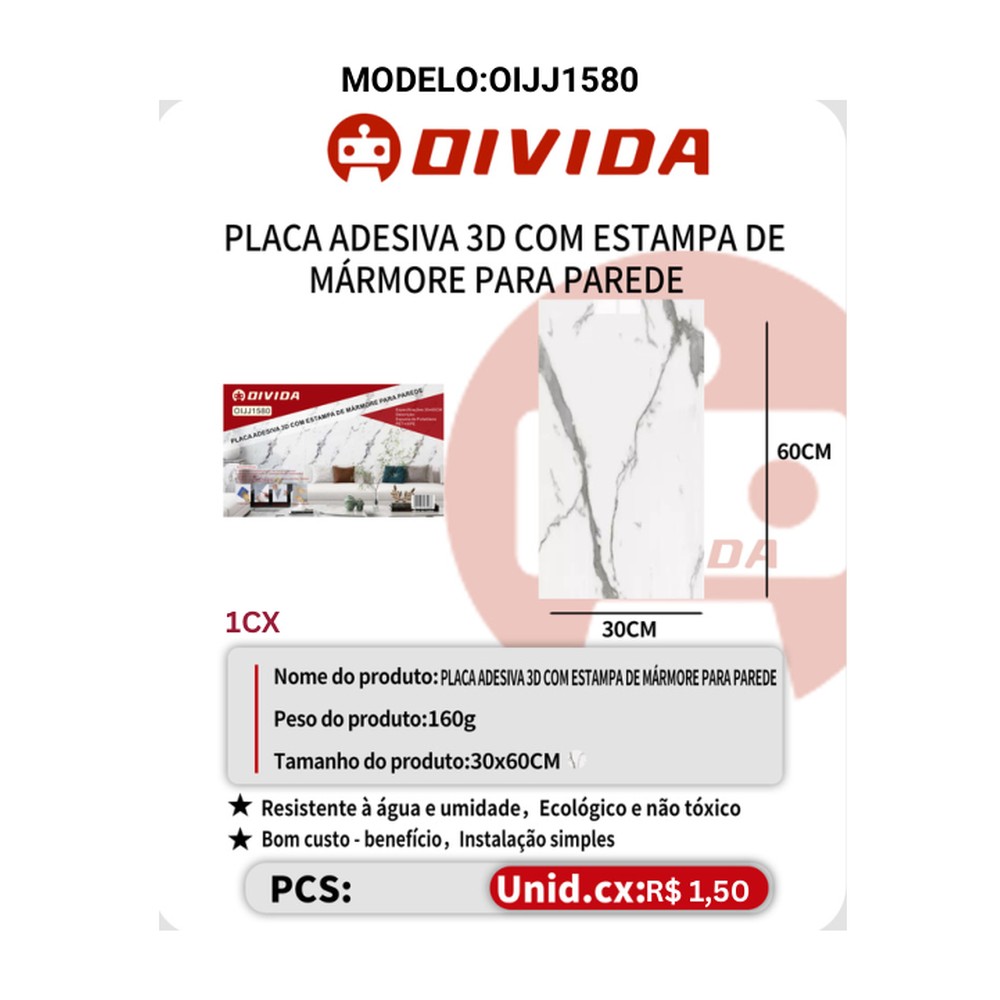 PLACA ADESIVA 3D MÁRMORE PARA PAREDE OIJJ1580