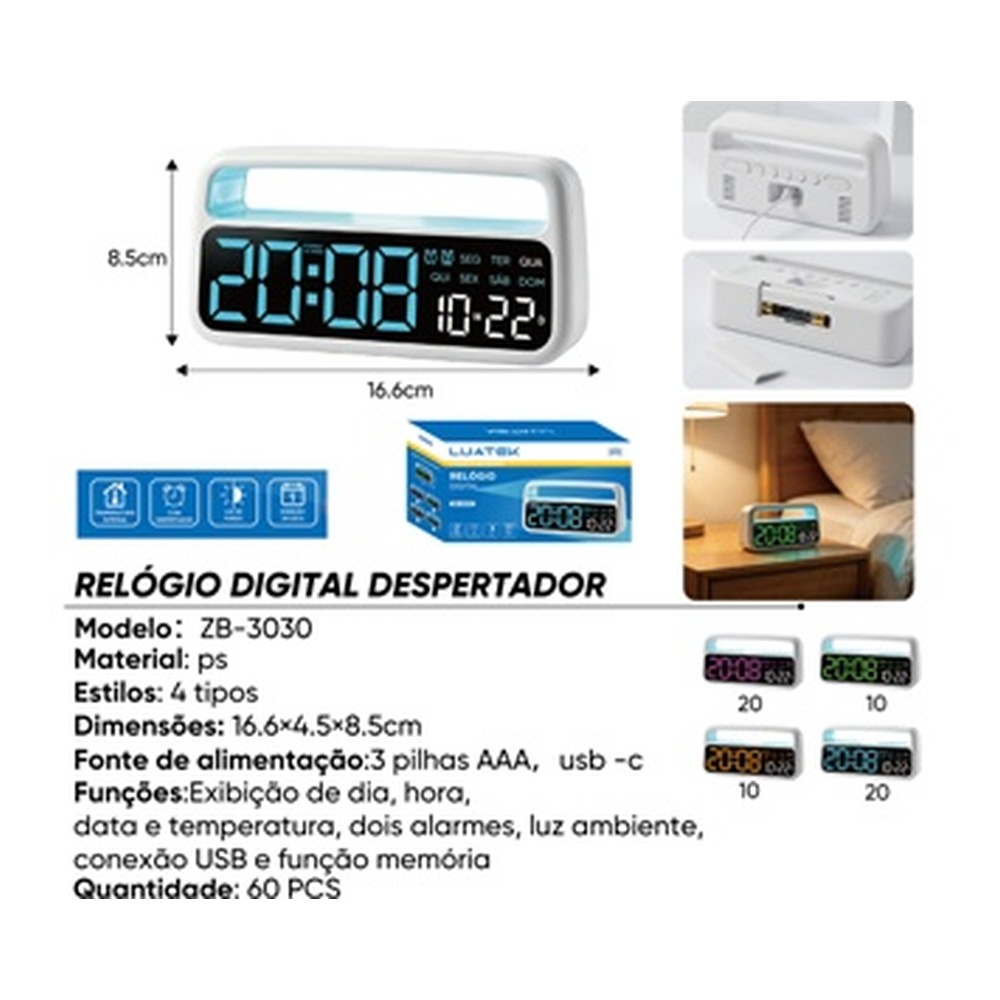 RELÓGIO DIGITAL DESPERTADOR 16.6×4.5×8.5cm ZB-3030