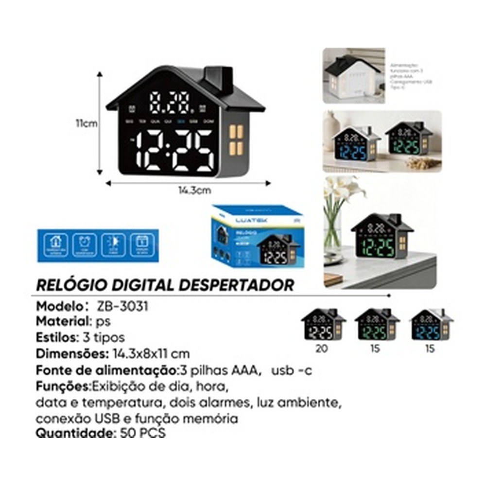 RELÓGIO DIGITAL DESPERTADOR 14.3x8x11 cm ZB-3031
