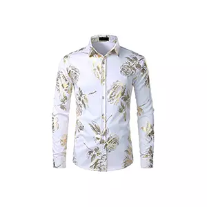 Men's Geek Rose Gold Shiny Flowered Printed Stylish Slim Fit Long Sleeve Button Down Shirt