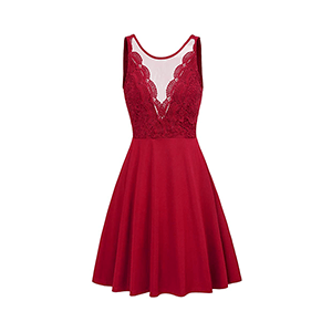 Women Sleeveless Lace Patchwork Deep V-Neck A Line Flared Party Dress