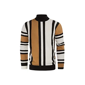 Mens Vintage Stripes Pullover Stand Collar Mockneck Jumper Sweater