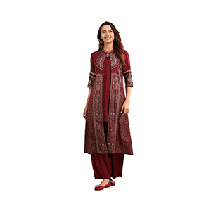 Maroon Band Collar Embellished Kurta Set